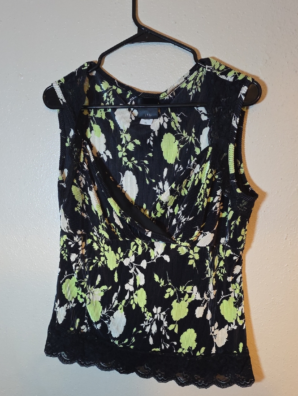 j.t.b. Black Floral Sleeveless V-Neck Top with Lime & White Flowers